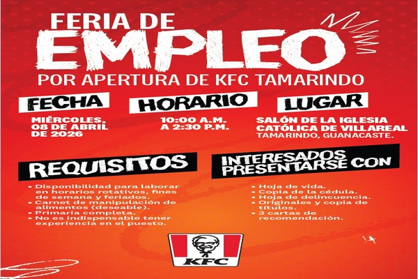 Empleo: KFC realizará feria en Tamarindo como parte de su próxima apertura
